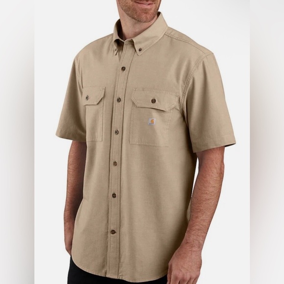 Carhartt Loose Fit Chambray Midweight Short Sleeve Tan Button Up Shirt - Picture 1 of 8